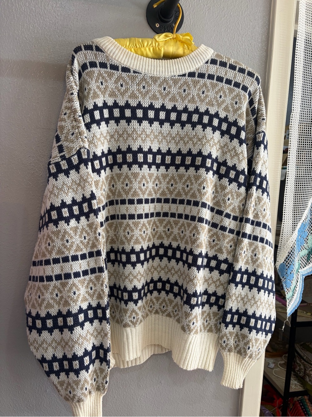 Women's Fair Isle Crewneck Sweater in Cream, Navy & Tan
